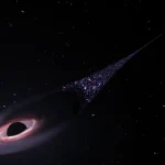 Un agujero negro supermasivo deja una estela de estrellas a su paso, revelando misterios del universo.