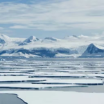 Vista panorámica del paisaje antártico con bloques de hielo flotando sobre el mar y montañas nevadas al fondo. burbuja