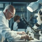 REVOLUCION: Científico trabajando junto a un brazo robótico en un laboratorio de alta tecnología, ilustrando el uso de inteligencia artificial en ciencia médica.
