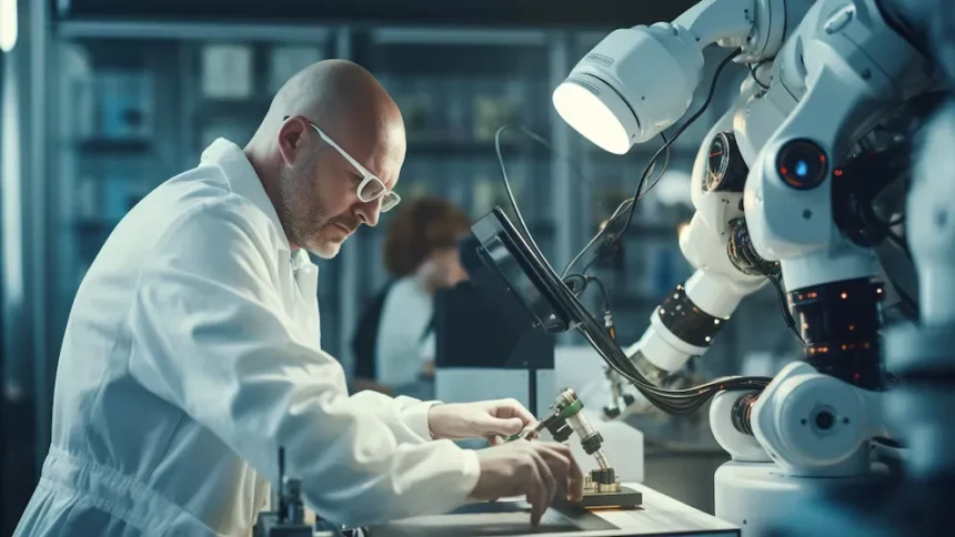 REVOLUCION: Científico trabajando junto a un brazo robótico en un laboratorio de alta tecnología, ilustrando el uso de inteligencia artificial en ciencia médica.