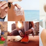Sabio de 96 años Collage de hábitos saludables para prevenir el cáncer: dejar de fumar, usar protector solar, amamantar, consumir frutas, hacer ejercicio y vacunarse.