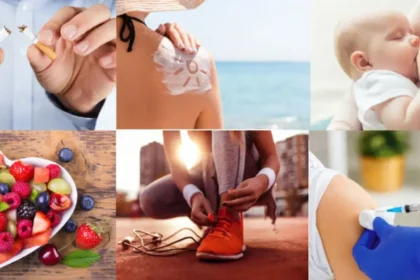 Sabio de 96 años Collage de hábitos saludables para prevenir el cáncer: dejar de fumar, usar protector solar, amamantar, consumir frutas, hacer ejercicio y vacunarse.