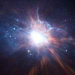Representación artística del universo con cúmulos de galaxias y energía luminosa sobre un fondo oscuro que simboliza la materia oscura.