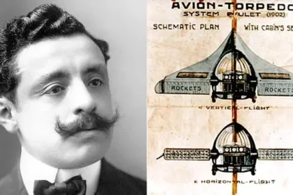 Retrato de Pedro Paulet junto al plano esquemático de su nave espacial tipo torpedo diseñada en 1902.