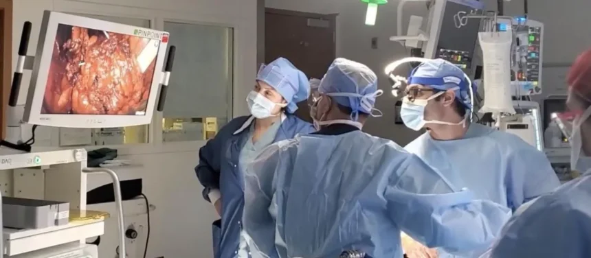Trasplante de vejiga Equipo médico realizando una cirugía compleja mientras observa en pantalla el procedimiento interno del paciente en tiempo real. del transplante de vejiga