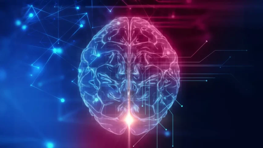 Ilustración digital de un cerebro humano resplandeciente en tonos azul y rosa, conectado con líneas que representan redes neuronales y circuitos digitales.