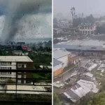 Imagen dividida en dos: a la izquierda, un tornado activo sobre una ciudad; a la derecha, vista aérea de daños severos tras el paso del fenómeno.