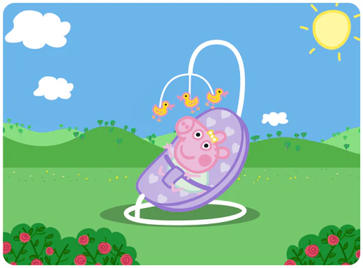 Ilustración de Evie, la bebé de la familia Pig, recostada en una silla mecedora infantil decorada con corazones, al aire libre bajo el sol.