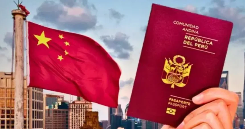 Pasaporte peruano sostenido frente a la bandera de China, representando la eliminación del requisito de visa entre ambos países.