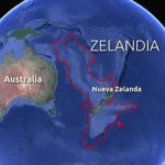 Mapa satelital del océano Pacífico que muestra en línea roja la ubicación del continente sumergido Zelanda, junto a Australia y Nueva Zelanda.