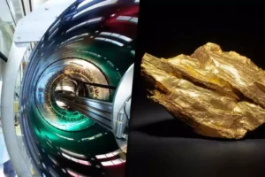 Comparación entre el interior de un acelerador de partículas y una muestra de oro natural, destacando el experimento de transmutación atómica.