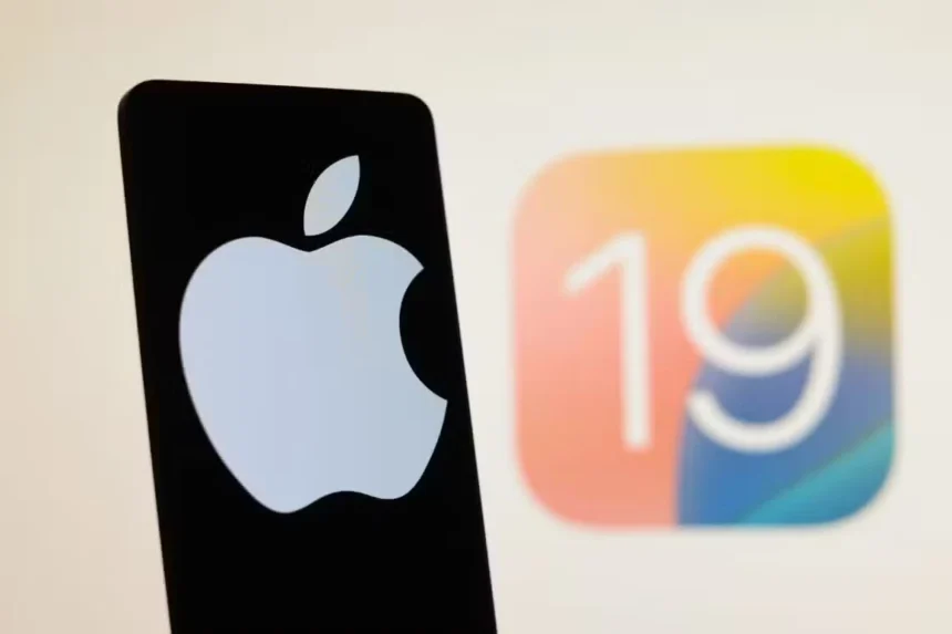 Logotipo de Apple en primer plano con el icono colorido de iOS 19 desenfocado al fondo. IOS 19 IPHONE