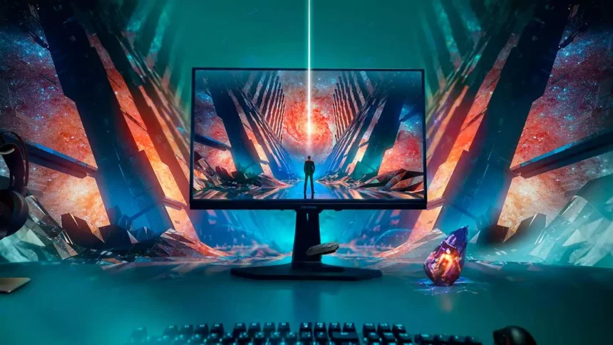 Monitor gaming ViewSonic sobre escritorio futurista, mostrando un videojuego con gráficos coloridos y una escena de ciencia ficción inmersiva.
